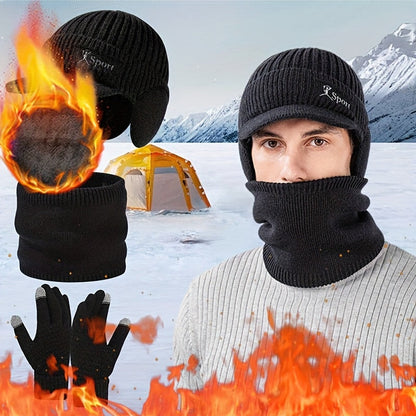 Winter Mütze Schal Handschuhe Set, Strickmütze mit Ohrenklappen, Nackenwärmer & Touchscreen-Handschuhe