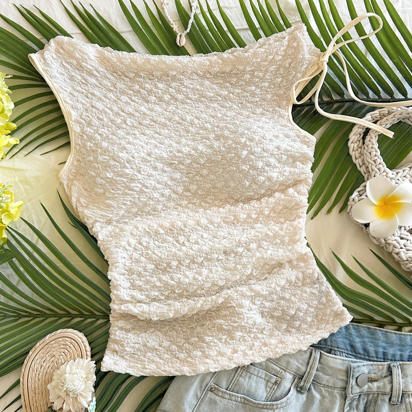 Damen Sommer-Top mit Struktur und One-Shoulder-Bindung – Elegantes Urlaubsshirt für Strand und Freizeit