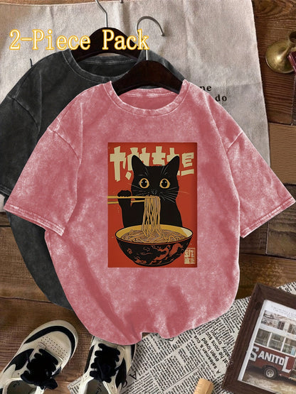 Damen Vintage T-Shirt mit Katze und Ramen-Nudeln – Lustiges Grafikshirt für Alltag und Freizeit