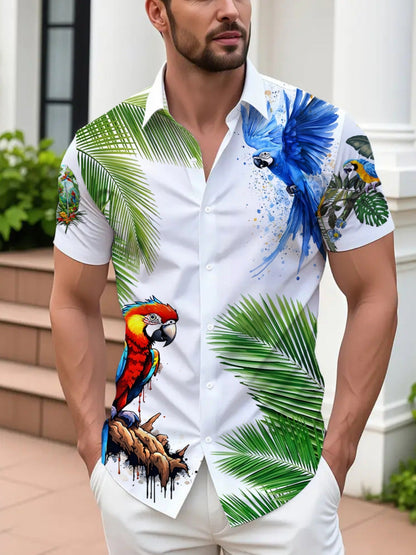 Herren Kurzarm-Hemd mit tropischem Papageien-Print und Palmen – Exotisches Freizeithemd für Strand und Urlaub