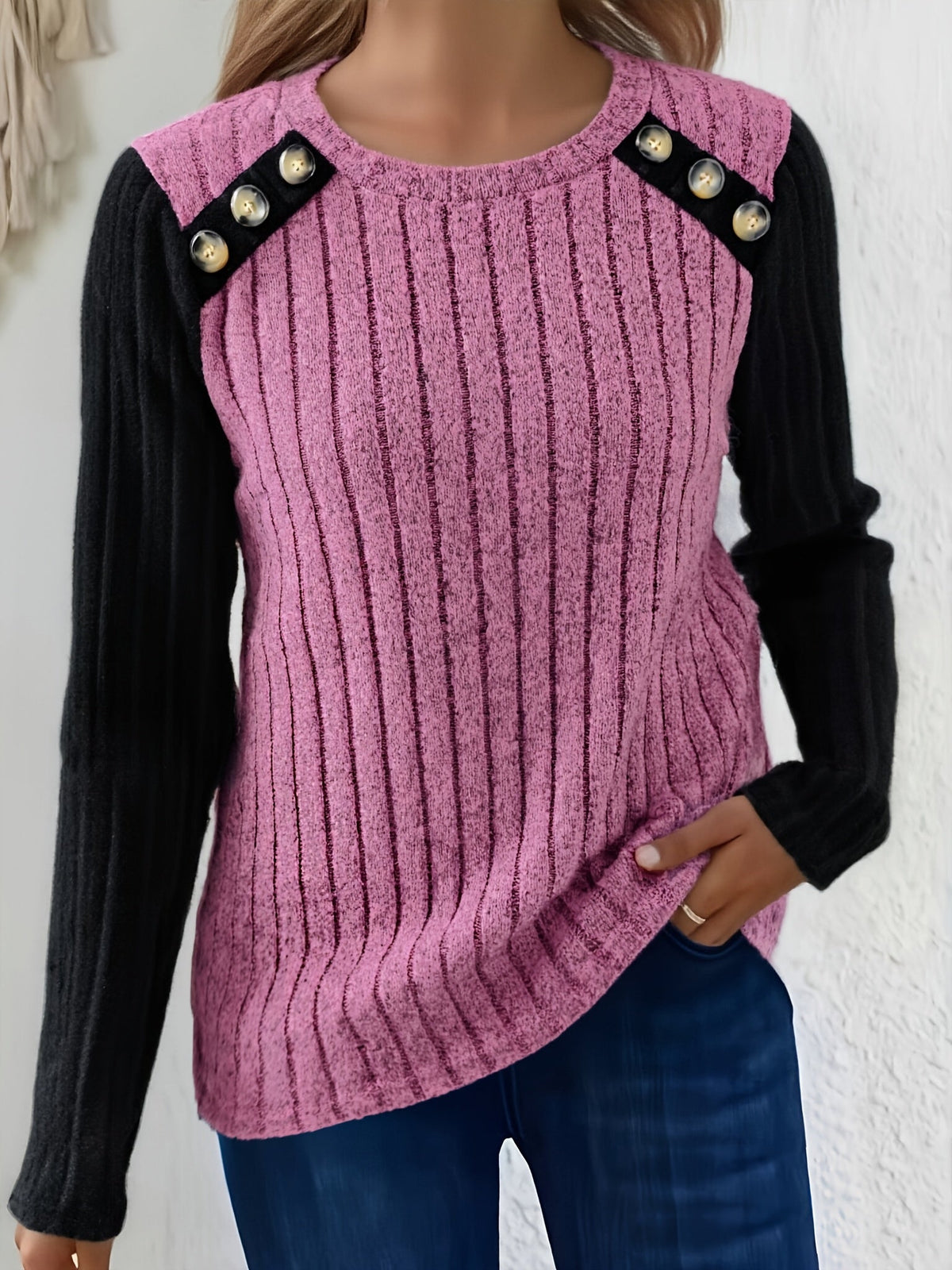 Damen Langarmshirt Gerippt Kontrastärmel Knopfdetails Rundhals