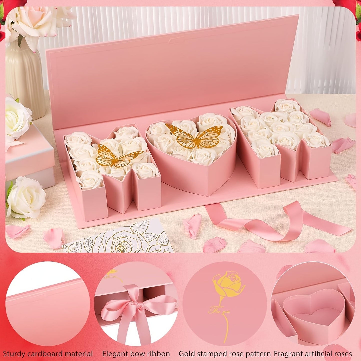 Muttertag Geschenkbox mit Rosen und Schmetterlingen – Elegante Dekoration und Präsentationsbox für Damen