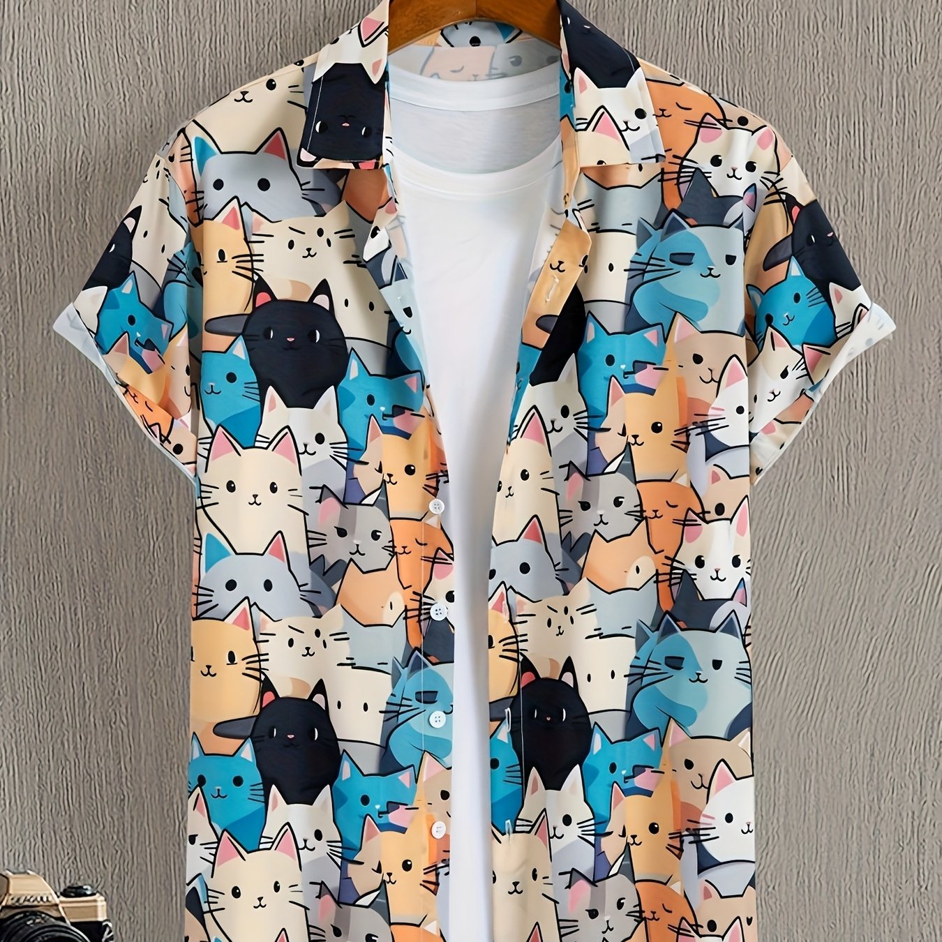 Herren Freizeithemd mit Katzen-Print – Kurzarm, Lustiges Design, Perfekt für Alltag & Party