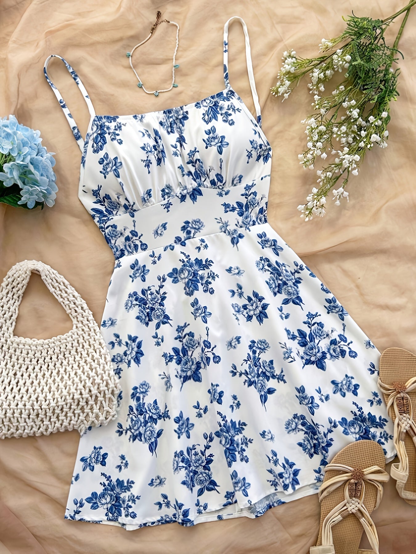 Damen Sommerkleid mit floralen Print und Spaghettiträgern – Perfekt für Urlaub und Freizeit