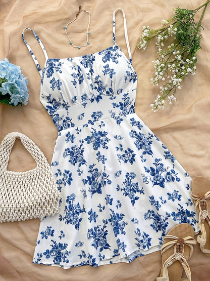 Damen Sommerkleid mit floralen Print und Spaghettiträgern – Perfekt für Urlaub und Freizeit