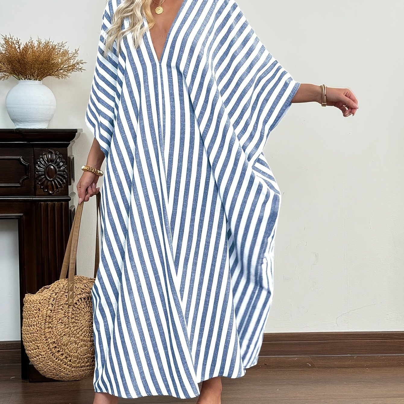 Damen Kaftan Maxi Kleid mit Streifen – Lässiger Oversize Strand- und Urlaubslook