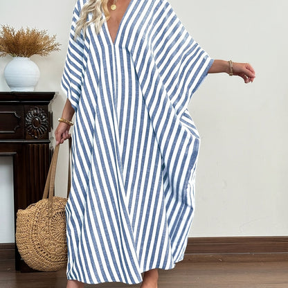 Damen Kaftan Maxi Kleid mit Streifen – Lässiger Oversize Strand- und Urlaubslook