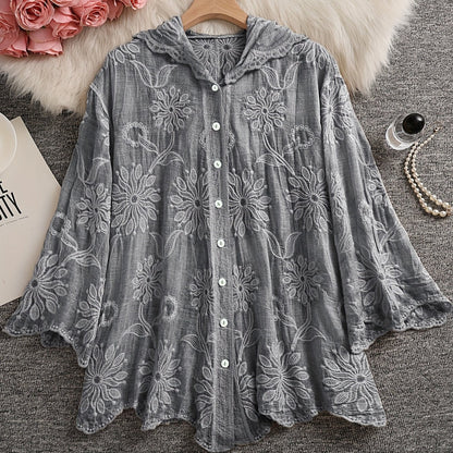 Damen Bluse Langarm mit Kapuze, Besticktes Blumenmuster, Knopfleiste