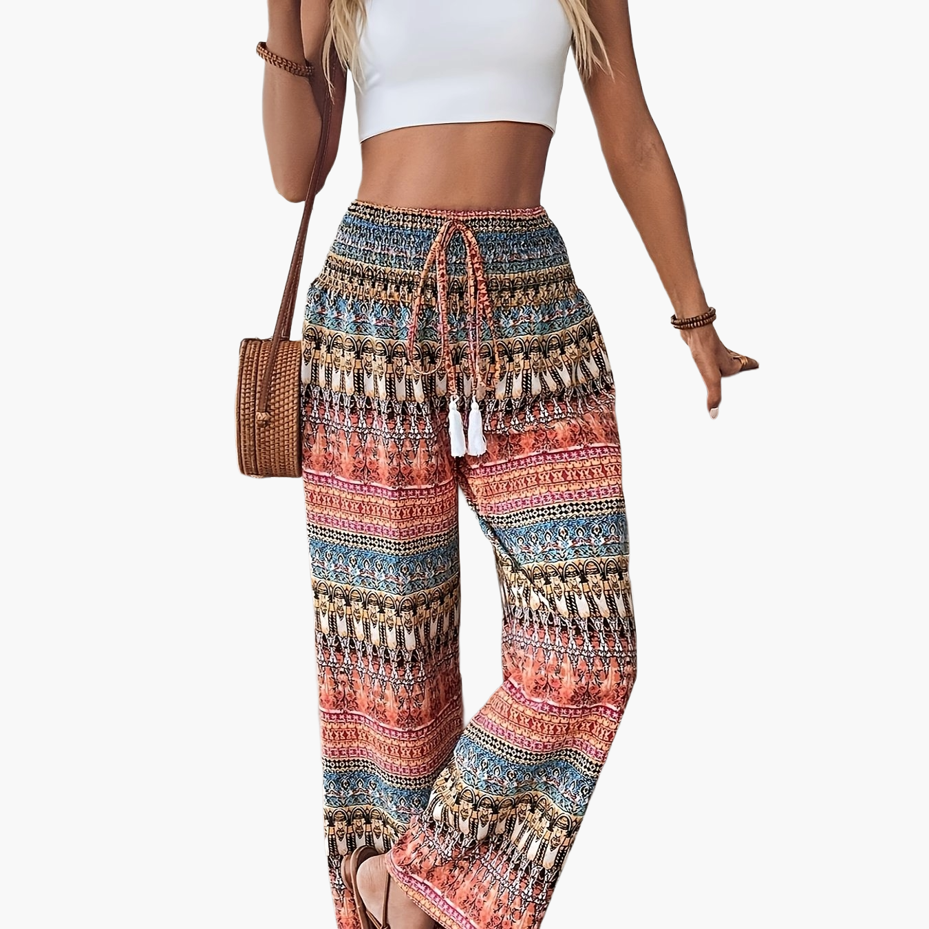 Damen Boho Weite Hosen mit Ethno-Muster für Urlaub und Freizeit