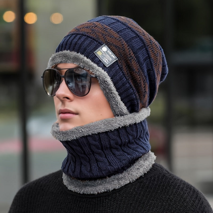 Winter Beanie Mütze & Schal Set für Herren - Strickmütze mit Fleece-Futter & Loop-Schal