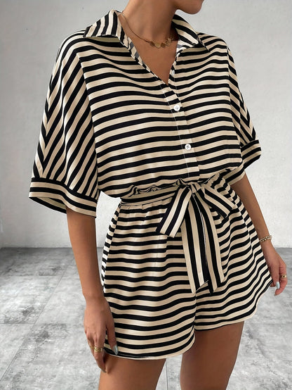 Damen Sommer Streifen Overall – Modischer Freizeit Jumpsuit mit Gürtel