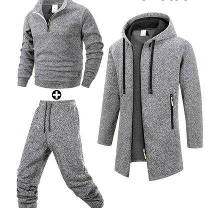 Herren 3-teiliges Sport Freizeit Set meliert: Pullover, Jogginghose & langer Cardigan mit Kapuze