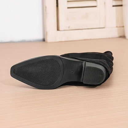 Damen Schlupfstiefel Wildleder-Optik Braun Kniehoch mit Blockabsatz