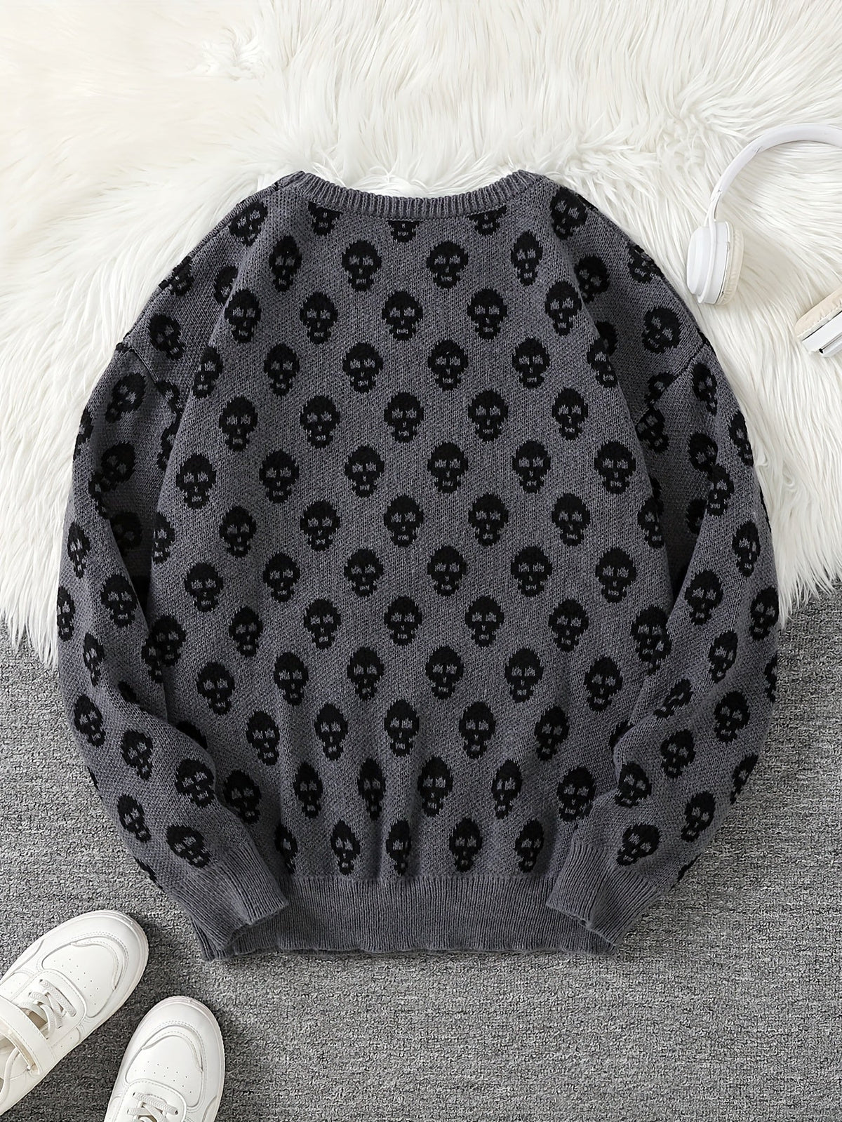 Unisex Pullover mit Totenkopfmuster Strick Rundhals Langarm Strickpullover