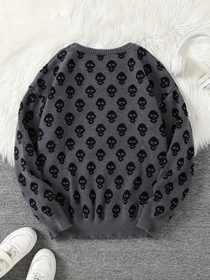 Unisex Pullover mit Totenkopfmuster Strick Rundhals Langarm Strickpullover