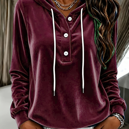 Damen Hoodie mit Kapuze und Knopfleiste, Langarm, weiches Material