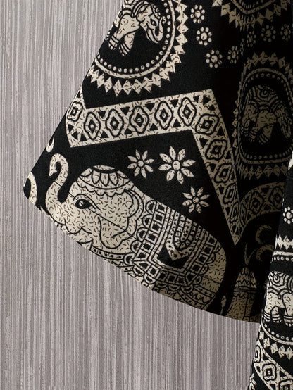 Herren Resorthemd mit Elefanten- und Mandala-Muster, Kurzarm, Boho-Stil für Freizeit und Urlaub