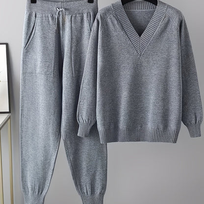 Damen Loungewear Set Strickpullover V-Ausschnitt und Strickhose Jogger mit Tunnelzug