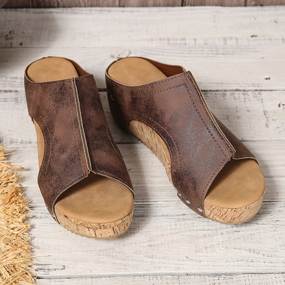 Damen Vintage Keilsandaletten mit offener Spitze für den Sommer – Bequeme Slip-On Plateau-Schuhe