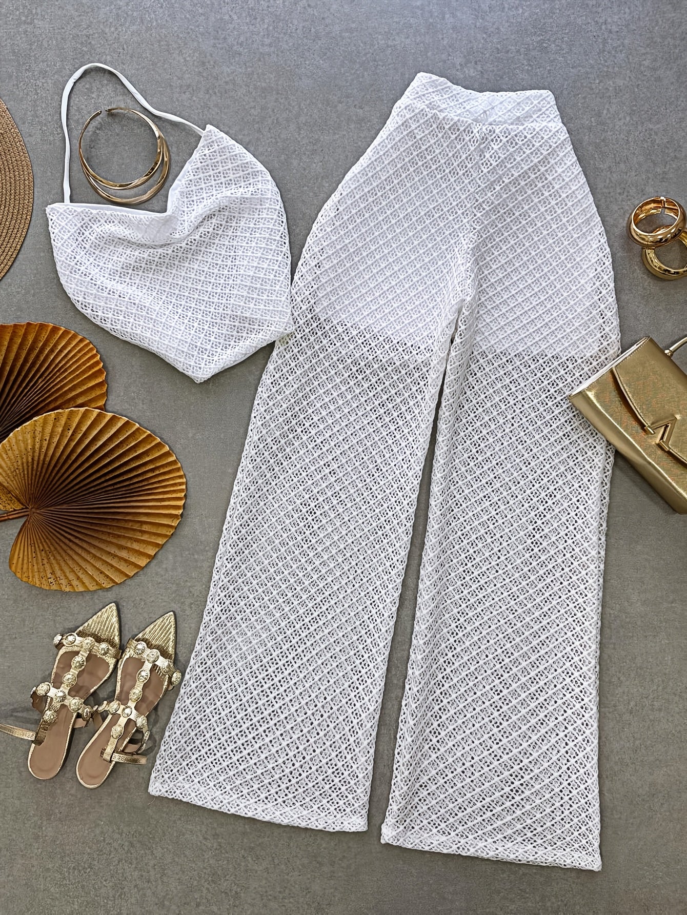 Damen Set Elegantes Häkel-Outfit mit Top und weiter Hose – Stilvolles Strand- & Urlaubsensemble