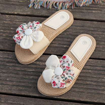 Damen Slide Sandalen mit Blumenapplikation und Espadrille-Stil – Sommerliche Freizeitschuhe