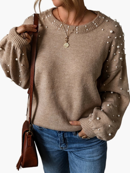 Damen Pullover Elegant Strickpullover mit Perlenbesatz und Rundhalsausschnitt – Modischer Freizeit-Look