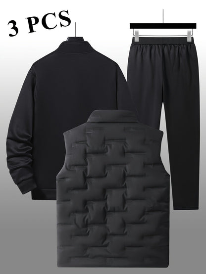 Herren 3-teiliger Sportanzug mit Stehkragen Jacke, Jogginghose & Steppweste