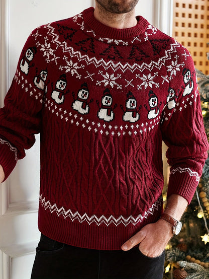 Weihnachtspullover Herren Dunkelrot mit Schneemann & Schneeflocken