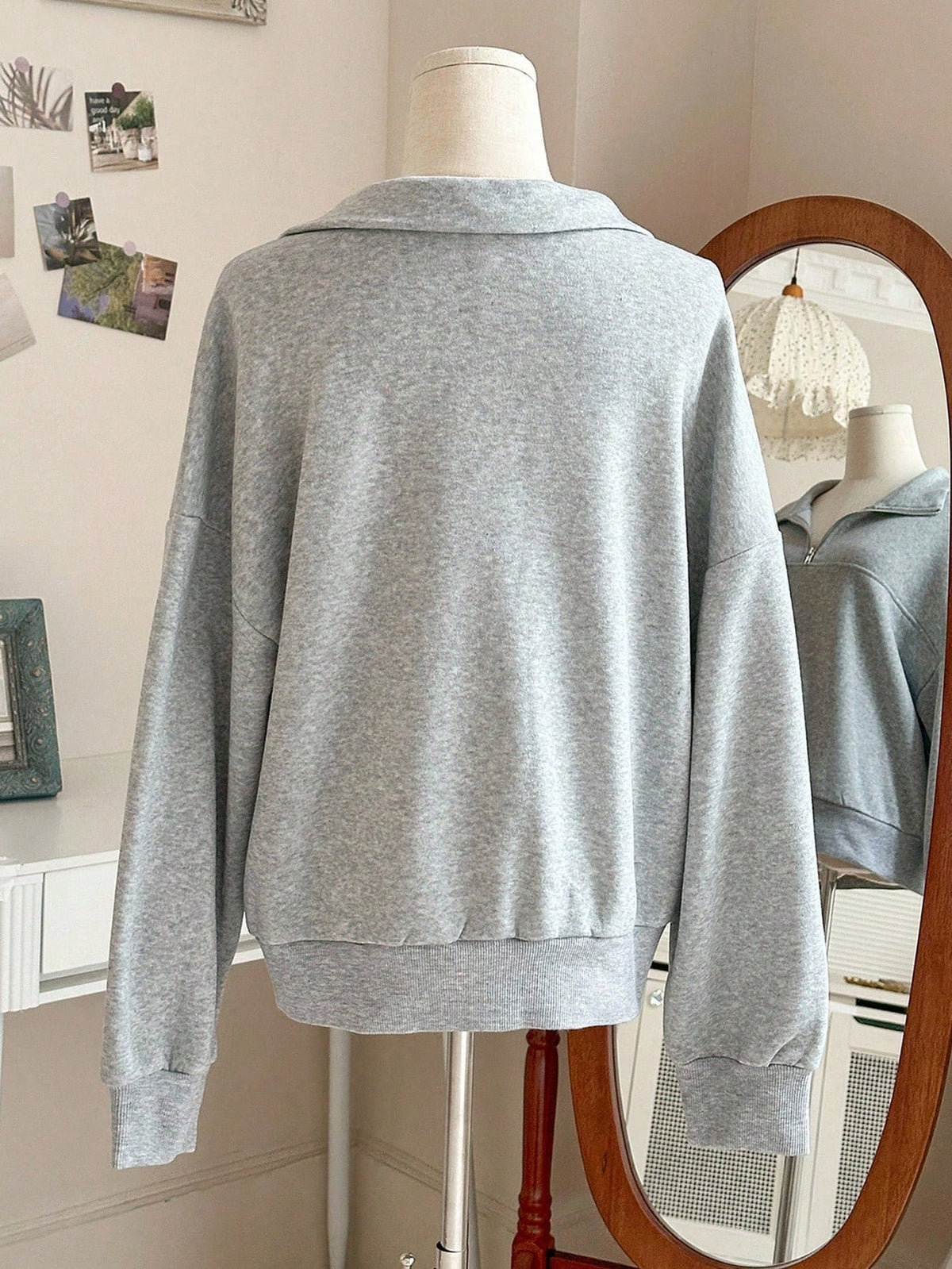 Damen Sweatshirt Grau mit Reißverschlusskragen Lange Ärmel Lässiger Pullover