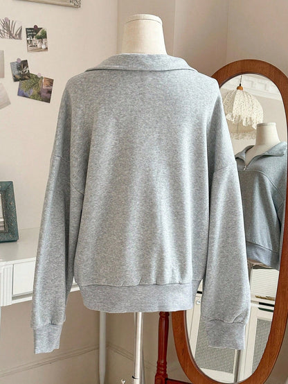 Damen Sweatshirt Grau mit Reißverschlusskragen Lange Ärmel Lässiger Pullover
