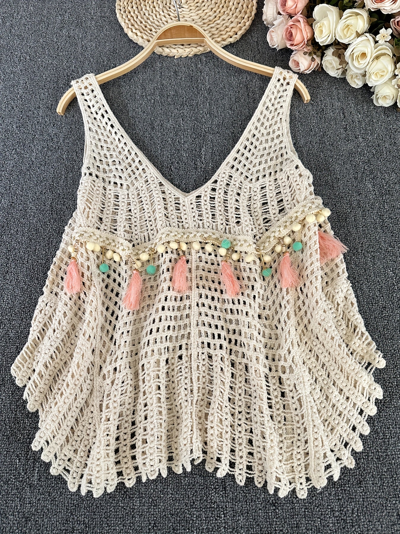 Damen Boho Häkel-Top mit Fransen und Perlen – Sommer Strandmode