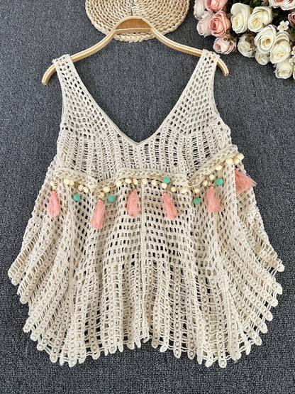Damen Boho Häkel-Top mit Fransen und Perlen – Sommer Strandmode