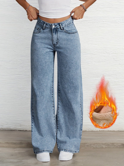 Damen Jeanshose Weites Bein Hohe Taille Gefüttert Hellblau