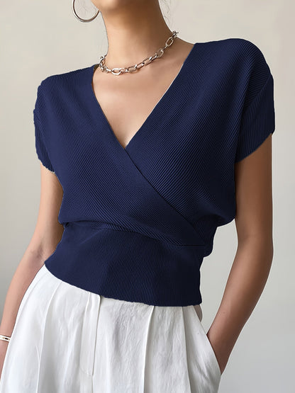 Damen Wickelshirt mit V-Ausschnitt – Eleganter Sommer Pullover Kurzarm für Freizeit & Büro