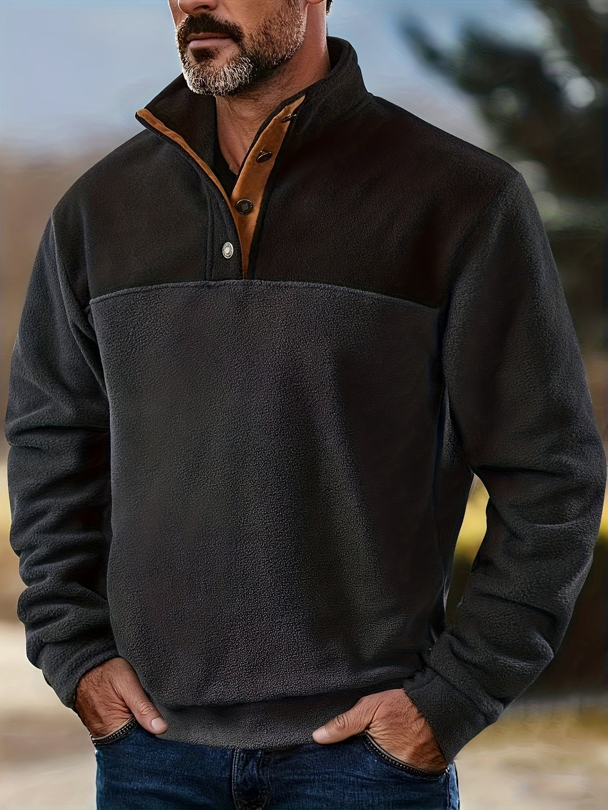 Herren Fleece Pullover Stehkragen Knöpfe Zweifarbig Outdoor