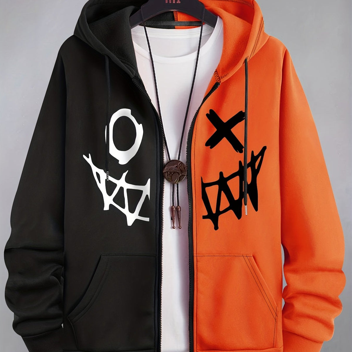 Hoodie mit Reißverschluss, zweifarbig, Kapuze, Kängurutaschen, Motiv
