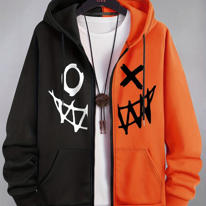 Hoodie mit Reißverschluss, zweifarbig, Kapuze, Kängurutaschen, Motiv