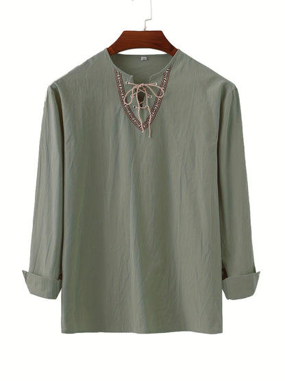 Herren Vintage Tunika mit Schnürung und geometrischem Muster – Boho Style Langarm Shirt