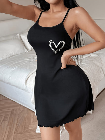 Damen Nachthemd mit Herz-Print und Spaghettiträgern – Verspielter Lounge- und Schlaf-Look