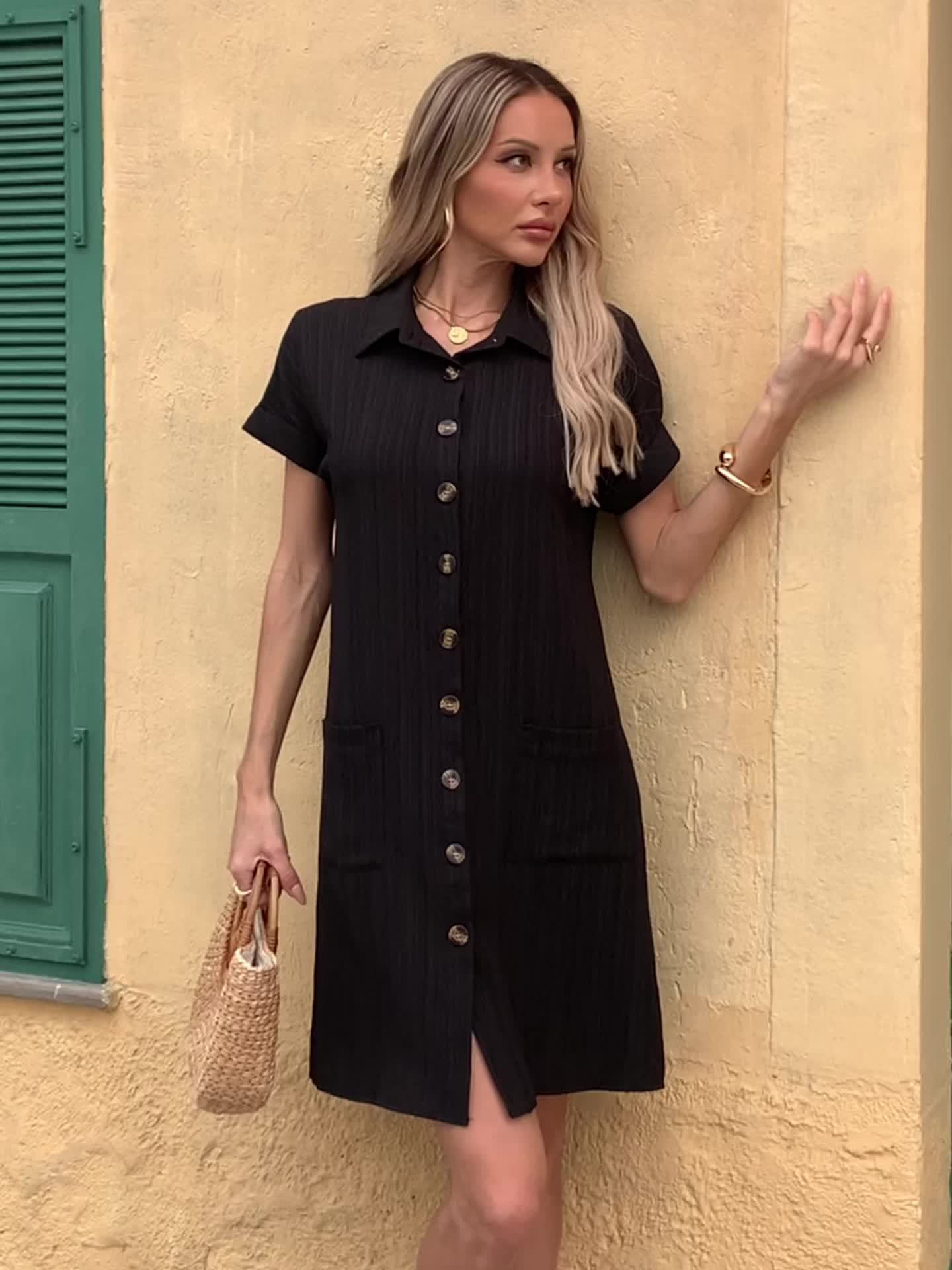 Damen Freizeithemdkleid mit Knopfleiste und Taschen – Stilvolles Sommer-Tunikakleid
