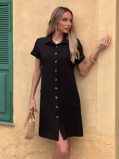 Damen Freizeithemdkleid mit Knopfleiste und Taschen – Stilvolles Sommer-Tunikakleid
