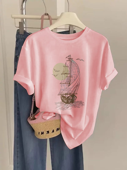 Damen T-Shirt mit Vintage-Schiff Motiv – Maritimer Freizeitstil