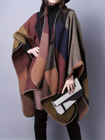 Damen Poncho Cape mit offenem Schnitt und geometrischem Muster – Boho Stil für Freizeit und Alltag