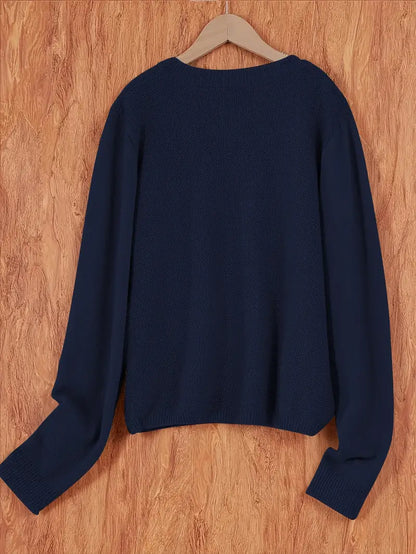 Damen Strick Cardigan Rundhals Langarm Strickjacke mit Knöpfen und Brusttasche