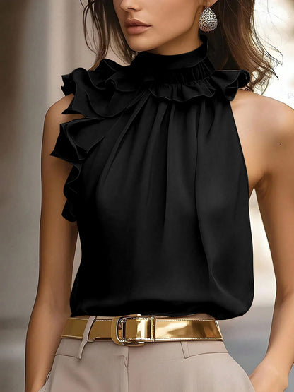 Damen Elegante Rüschenbluse mit Stehkragen – Ärmellos, Stilvoll, Für Büro und besondere Anlässe