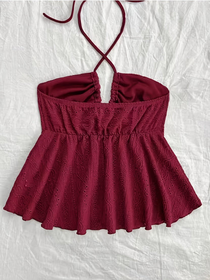 Damen Halter Babydoll Top mit Stickerei und Vintage-Charme – Verspieltes Sommertop