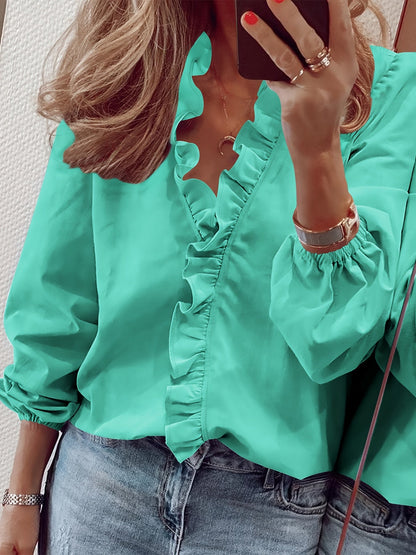 Damen Rüschenbluse Elegant Freizeitstil – Modische Langarmbluse für Alltag & Büro