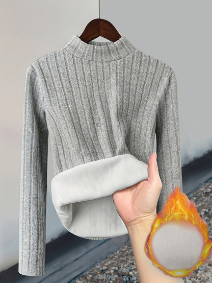 Damen Pullover Rippstrick Stehkragen Warme Fleecefütterung Langarm