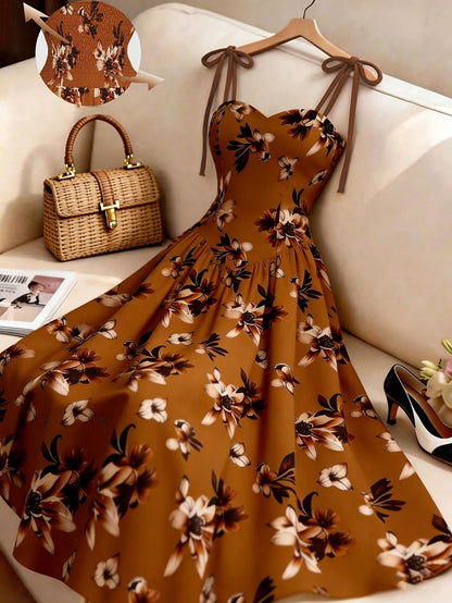 Damen Midikleid mit Blumenmuster und Schleifen-Trägern – Elegantes A-Linien Sommerkleid