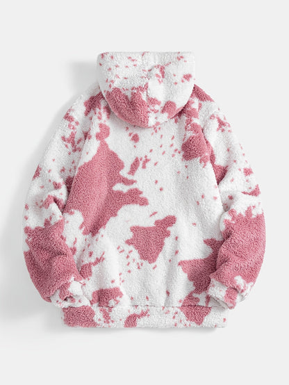 Unisex Teddy Hoodie mit Kuhflecken-Muster Plüschpullover Kapuzenpullover